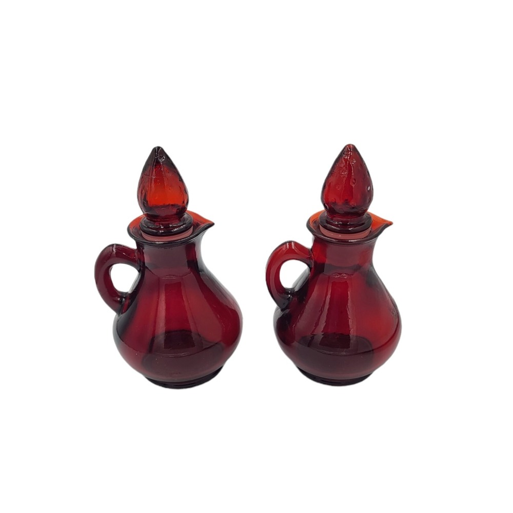 Vintage Pair Avon Cruet Cape Cod Ruby‎ Red Glass Strawberry Top Numbers 5 & 26